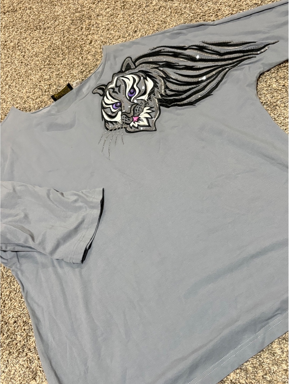 Bob Mackie XL Gray Cotton Spandex Tiger Embroidered Top with Sequins